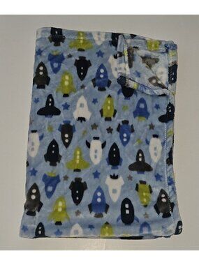 Baby Starters Blue Rockets Fleece Baby Blanket Gray Green White Stars 30x40 SOFT